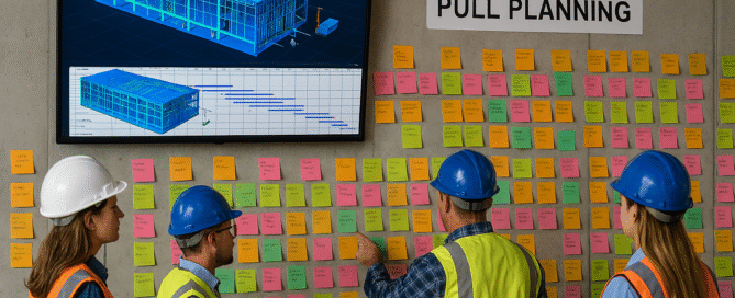 Construction team using Pull Planning with sticky notes while a 4D BIM schedule and Primavera P6 Gantt chart display on a large screen for a data center project.