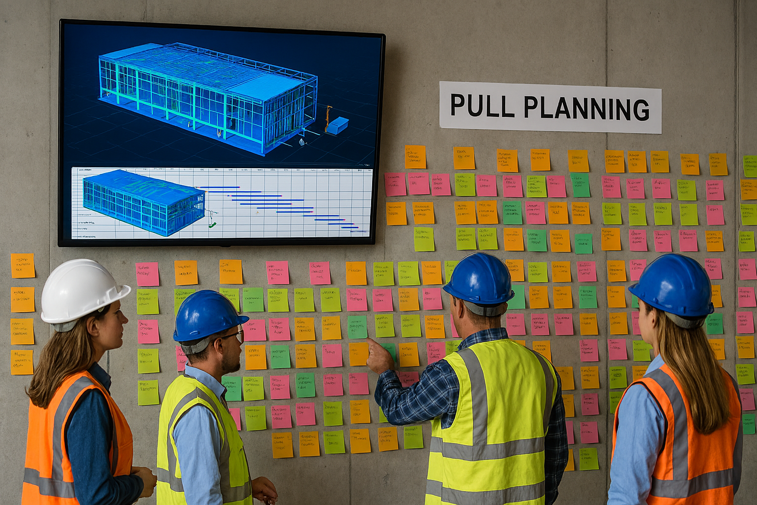 Construction team using Pull Planning with sticky notes while a 4D BIM schedule and Primavera P6 Gantt chart display on a large screen for a data center project.